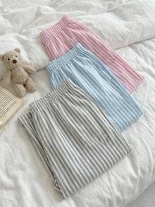 Women Cotton 3 Pcs Multicolour Striped Long Homewear Comfort Casual Sleep Bottoms Set - Multicolor - View 5