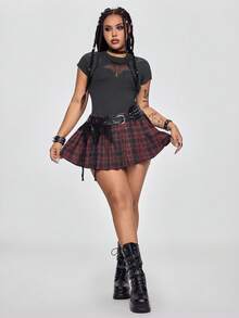 ROMWE Grunge Punk Plus Size Y2K Punk Five-Pointed Star Hollow Design Sexy Fitted Solid Color Versatile T-Shirt - Grey - View 2