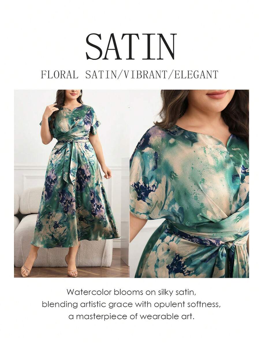 Modelyn Plus Size Women Tie Dye Bat Print Ruched Elegant Midi Dress, Short Sleeve