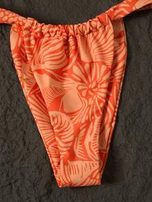 Swim Mod Women's Orange Floral Print Thick Strap Triangle Cup Bikini Two Pieces Swimwear, Beach Vacation - Orange - View 3