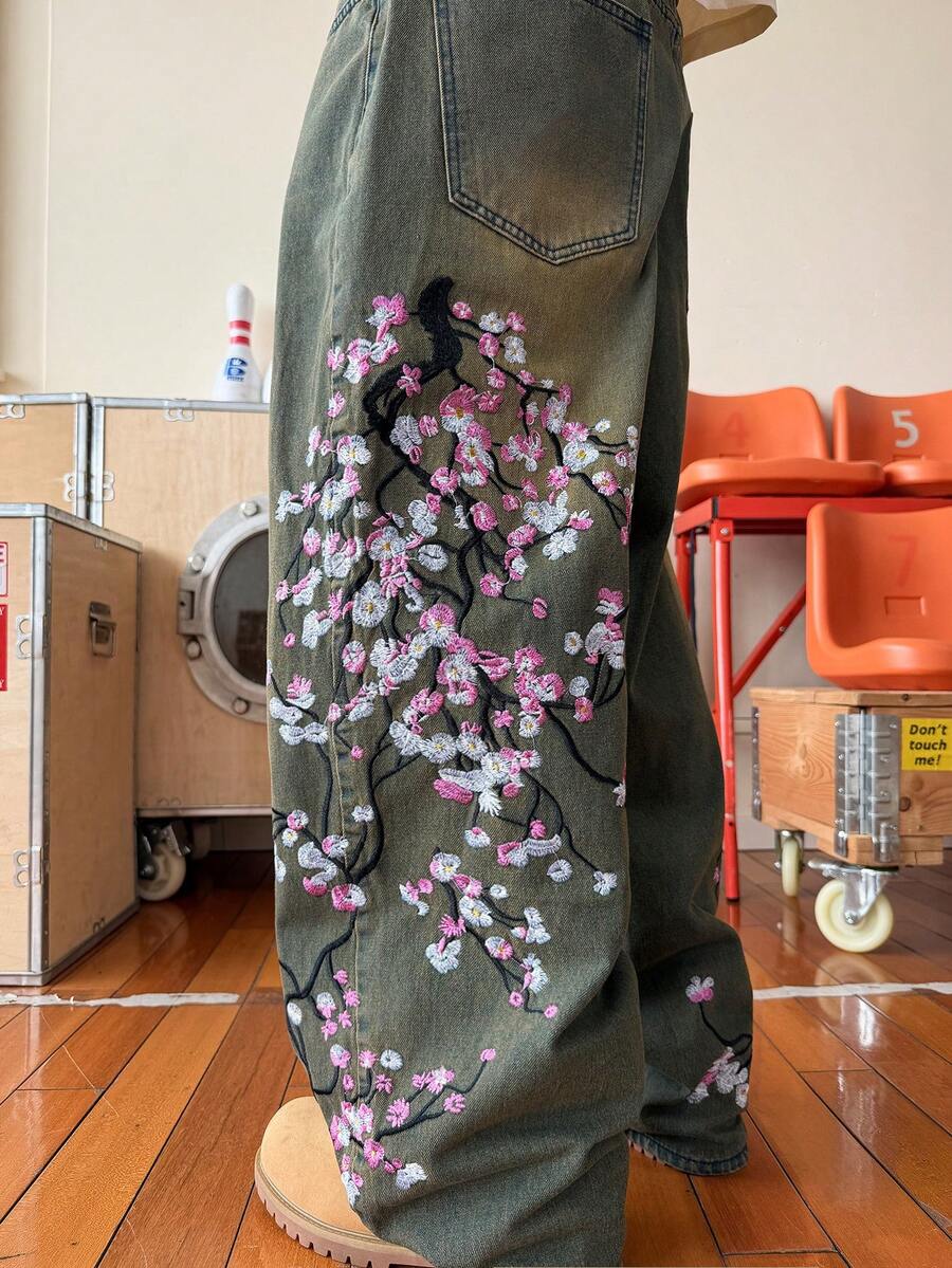 STEELVANCE Celana Jeans Kasual Potongan Lurus Longgar Bordir Motif Kumis Kucing Bergaya Vintage, Streetwear Serbaguna - Biru - View 1