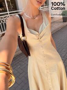 Siren Gaze Summer Elegant Pastal Dress For Women, Sleeveless V Neck Button Front Ruched Bust A-Line Maxi Dress, Holiday Brunch Golf Wedding Guest Outfits - Apricot - View 3