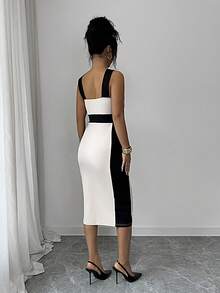 SHEIN Raffinéa PETITE Mid-Length Crossover Halter Neck Bodycon Dress, Color Block Women's Dress Midi Dress Golf White Summer Sexy - Multicolor - View 2