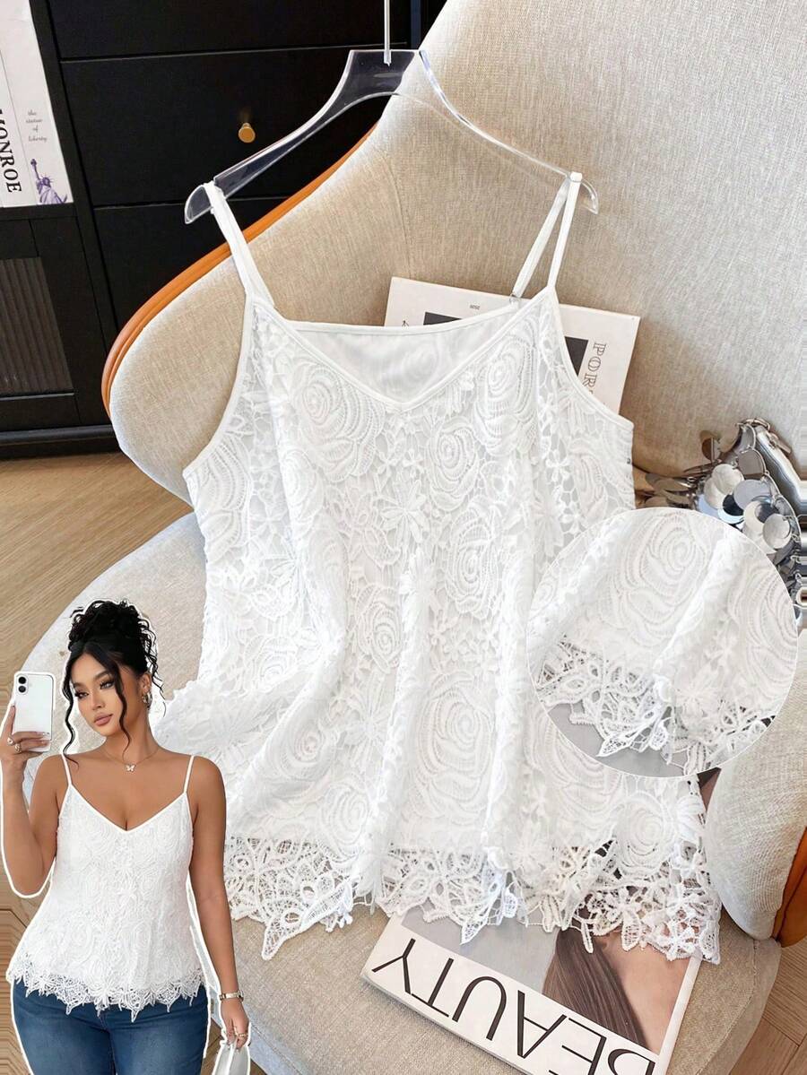 SHEIN CURVE+ Áo hai dây ren khoét lỗ thời trang và thanh lịch, cỡ lớn, mùa xuân/hè. - trắng - Xem 1