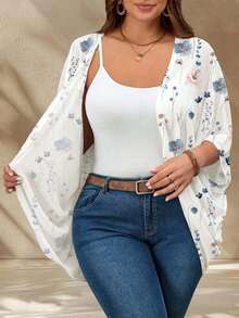 EMERY ROSE Chaqueta ligera de talla grande con estampado floral casual, adecuada para el verano - Multicolor - Ver 4
