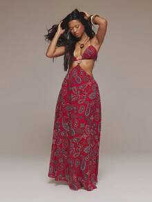 MUSERA 印花雪纺镂空吊带长裙 伊比沙岛度假春夏海滩白色岛屿婚礼宾客节日秋季夜生活婚礼宾客优雅约会之夜 - 酒紅色 - 查看 3