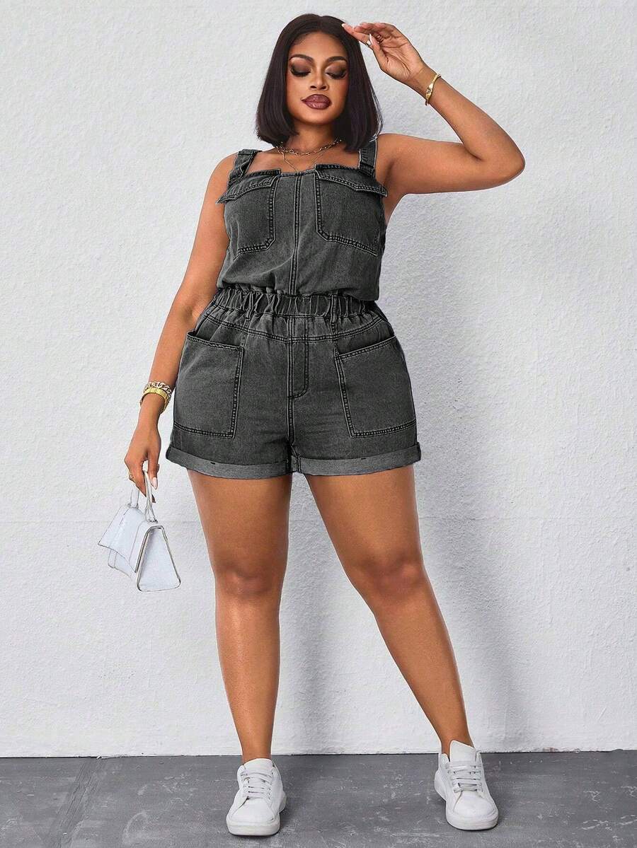 Slaydiva Plus Size Summer High Waist Multi-Pocket Washed Denim Jumpsuit - Grey - View 1