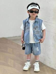 2pcs Toddler Boys' Letter Embroidered Light Blue Denim Vest And Loose Shorts Set - Light Wash - View 9