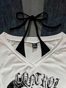 SHEIN Attitoon 女士休闲复古V领露背系带Y2K骷髅字母印花撞色短袖T恤，适合夏季、户外、街头风、机场、返校季穿着 - 白色 - 查看 5