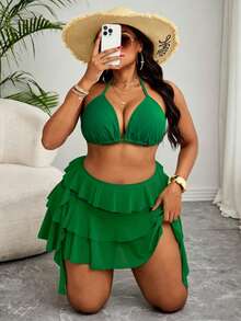 Slaydiva Plus Size Women Beach Holiday Solid Color Halter Top With Multi-Layer Ruffle Pants 2 Pieces Swimwear Green 2 Pieces Set Vacation - Green - View 5