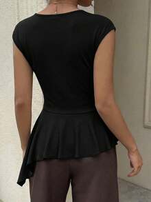 Siren Gaze Women's Solid Color Boat Neck Ruched Asymmetric Hem Blouse,Summer Top - Black - View 3