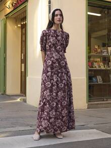 Đầm maxi chữ A in họa tiết retro dành cho nữ - màu nâu - Xem 5