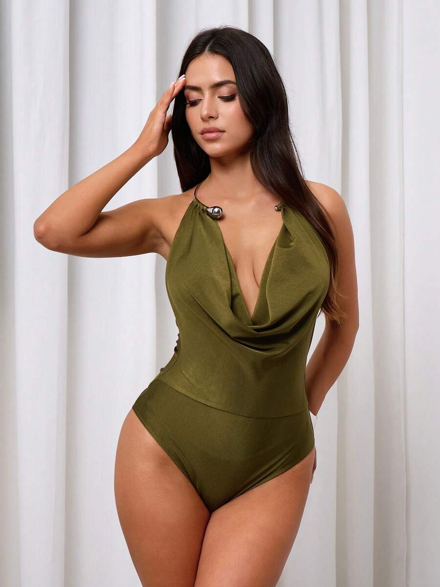 Zyxie Elegant Sexy Open Plunge Neckline Bodysuit For Women - Green - View 1