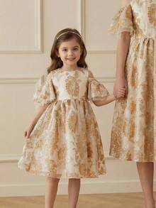 Glamorique Kids Girls Gold Party Dress,White,Summer,Elegant,Sequin,Wedding,Round Neck Flounce Sleeves Jacquard Floral Pattern Organza Midi Princess Luxury Performance - Gold - View 3