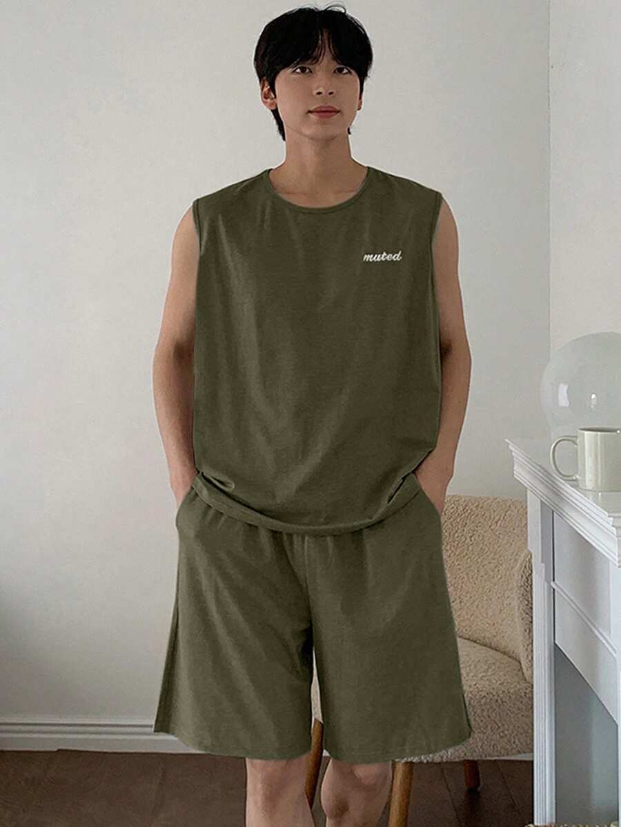 DAZY Men's Letter Print Grey Tank Top And Shorts Pajama Set, Summer - Army Green - View 1