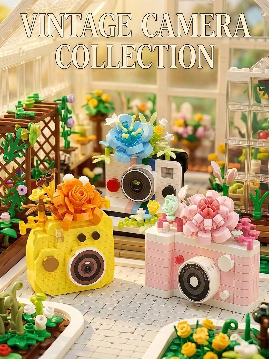 POKOJA LAND Bloques de construcción de cámara en miniatura, set creativo de cámara de flores de ladrillos, kit de modelo de cámara retro de bricolaje, adorno de escritorio para decoración del hogar y oficina, regalo ideal para cumpleaños, San Valentín, vacaciones, fiesta, favor, juguete artesanal creativo para amantes de la fotografía, juguete de construcción con temática de aventura en la naturaleza para exhibición y colección - Multicolor - Ver 1