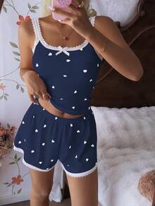 CottageSlumber Bộ đồ ngủ lụa hai dây và quần short màu hồng họa tiết trái tim phối ren gân dành cho nữ - Màu xanh hải quân - Xem 4