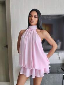 Women's Elegant Light Yellow Halter Tie Mini Dress Party - Baby Pink - View 6