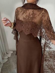 Elenzga Autumn/Winter New Solid Color Sexy Lace Patchwork Halter A-Line Maxi Dress, Ruffle Hem, Front Center Fish Bone Line Divider, Halter Long Trailing, Suitable For Party, Halloween, Christmas, Holiday Events, Dates - Brown - View 4