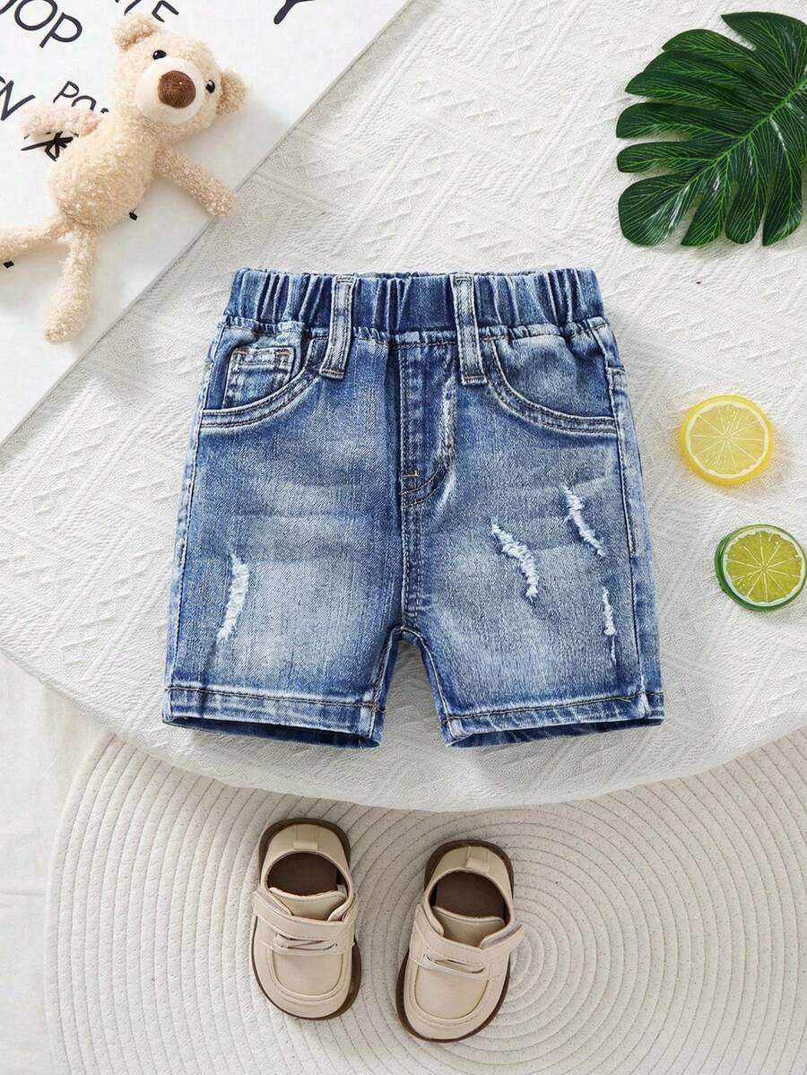 Pantalones cortos elásticos de mezclilla azul rasgados para niños pequeños - Lavado ligero - Ver 1