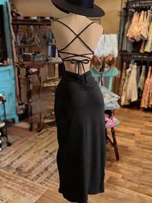NostaNoir Women's Fashion Solid Color Slit Dress - Black - View 2