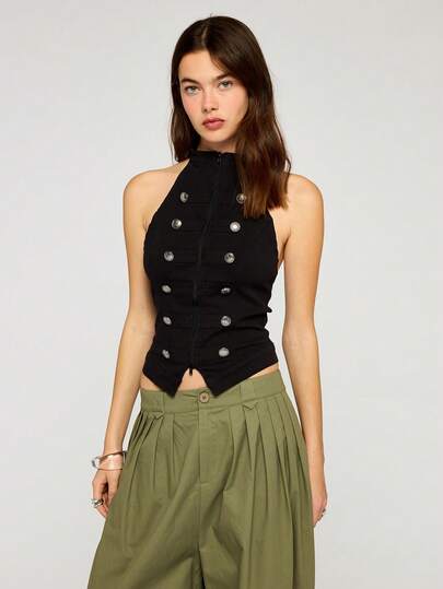 COUREZ Halter Neck Drummer Denim Top In Dark Wash /Y2K Summer Outfits For Women Black Tops Sleeveless Tops Denim Tops Going Out Outfits Party Outfits Festival Tops Festival Outfits Summer Tops Spring Outfits For Women