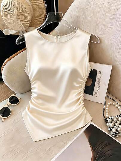 Franclia Elegant Satin Camisole, Party Camisole, Vacation Camisole, Beach Camisole, Summer Camisole, Casual Camisole, Glossy Fabric Crew Neck Camisole