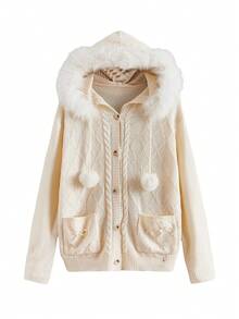 ROMWE Kawaii Plus Size Hooded Cardigan With Pom Pom Decoration - Brown - View 1