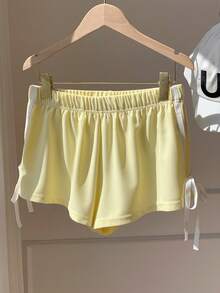 Comfortcana Quần short ống rộng dệt kim màu xanh lam bạc màu kiểu cổ điển dành cho nữ - Màu vàng - Xem 7