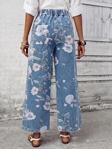 Breezaya Quần jeans nữ ống rộng dáng suông, thắt eo bằng dây rút, in họa tiết hoa. - Màu xanh lam - Xem 2
