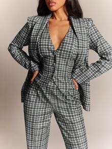 女士性感简约复古格子三件套西装，包括格子长袖修身西装外套、格子修身马甲和格子长裤，棕色西装套装，休闲商务女装，职业装，通勤装，办公室着装 - 黑與白 - 查看 7