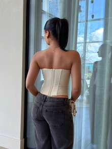 leahseptember Áo crop top thời trang bó sát màu trơn mùa hè cho nữ - Màu be - Xem 2