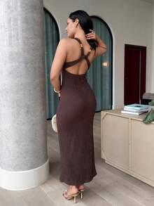 leahseptember Women's Dress Textured Knitted Dress Metal Button Decoration Backless Dress Brown Dress Elegant Women's Elegant Backless Sleeveless Dress, Summer Bodycon Maxi Dress Y2k Clothes Country Concert Outfit Old Money Streetwear Going Out Outfits Party - Brown - View 2