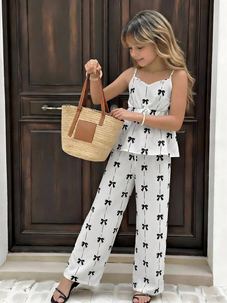2pcs Girls Plus Size Summer Sets, Quishy Bow Camisole Top And Loose Wide Leg Pants Outfit, Casual Holiday Clothes - Multicolor - View 1