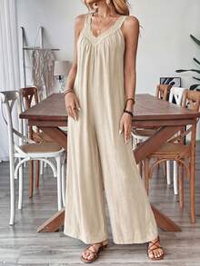 Breezaya Women's Sleeveless V-Neck Floral Trim Jumpsuit - Apricot - View 3