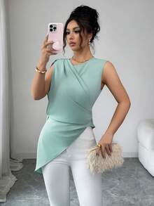 Elenzga Camisa de mujer de cuello redondo elegante sin mangas con bajo asimétrico y tirantes con lazo en los hombros, diseño único, primavera/verano - Azul - Ver 7