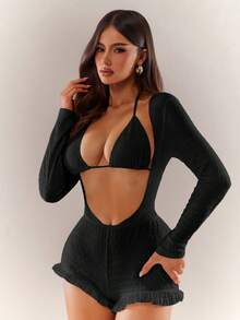 Radiana Bộ đồ liền thân nữ gợi cảm, thanh lịch và dễ thương cho mùa hè, gồm áo liền thân dài tay ôm sát có bèo nhún và áo bikini, chất liệu dệt jacquard, thích hợp cho kỳ nghỉ, đi biển, áo khoác ngoài bikini, phù hợp cho kỳ nghỉ trên đảo, bãi biển và các dịp lễ hội. - màu đen - Xem 2