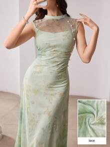 Modelyn Elegant Sleeveless Flocked Tie-Dye Pearl Cinched Waist Elegant Midi Dress For Ladies Organza Dress For Woman New Dress Sleeveless Elegant Dress Birthday Dress For Women Elegant Dinner Dresses For Woman Zanea Dress For Woman Yisikado Dress Luxury Dresses For Women Latest Dress High Quality Dress - Green - View 6