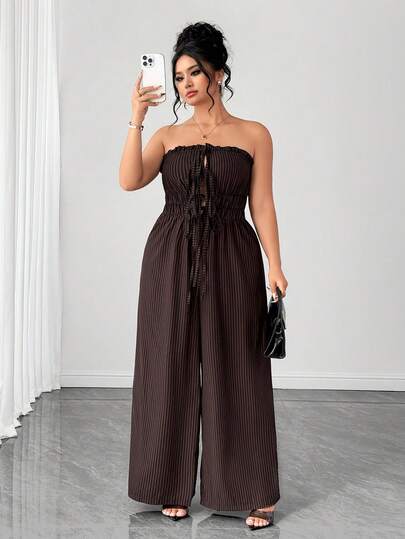 SHEIN Elenzya Damen Jumpsuit in Große Größen mit Streifen, trägerlosen, Cut Out Schleife und weitem Bein, geeignet für den Alltag und Urlaub im Sommer
