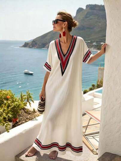 Balvessa Women's V-Neck 3/4 Sleeve Commuting Elegant Refreshing Spring Summer Beach Vacation Date Romantic Comfortable Striped Red Black, Bohemian Style Vacation, Suitable For All Seasons, Women's Beach Dress Paired With Long Skirt Dress