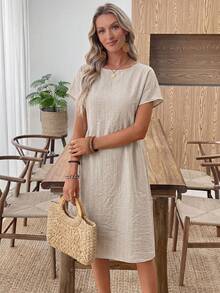 Faunlyn Women's Summer Round Neck Striped Casual Dress - Apricot - View 10