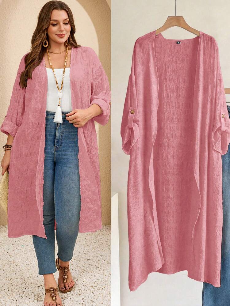 Plus Size Casual Solid Color Textured Front Open Dolman Sleeve Jacket