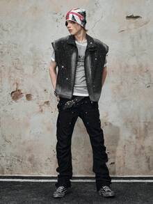 ROMWE MEN Grunge Punk Men's Sleeveless Shiny Denim Top, Fashionable Street Style For Summer - Black - View 3