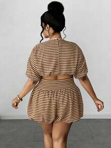 Maweii Plus Size Women Vintage Party Vacation Short Sleeve Top And Ruffle Mini Skirt 2 Piece Set - Apricot - View 3
