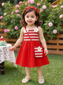 SHEIN Playful Pals 女婴夏季橙白碎花装饰无袖连衣裙，配同款迷你斜挎包，宽松裙摆，适合休闲外出、度假旅行、家庭聚会、夏季野餐等场合。 - 紅色 - 查看 5