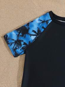 SHEIN 青少年男童撞色插肩袖短袖休闲夏季泳装套装 - 藏蓝色 - 查看 4