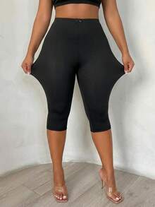 SHEIN SXY 大码女式纯色高腰休闲七分紧身裤 - 黑色 - 查看 4