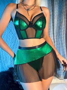 3件套女士性感内衣套装，包括性感文胸、内裤和腰裙 - 墨綠色 - 查看 4