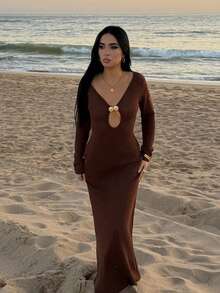 AfricaSnchz 秋冬圣诞节婚礼鸡尾酒会正式礼服 1 件女式纯色针织 V 领长袖鱼尾连衣裙，适合度假 - 棕色 - 查看 4