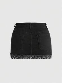 ROMWE Mini-jupe en jean taille ultra basse avec bordure en dentelle contrastée, esthétique gothique sombre d'été - Noir - Voir 2
